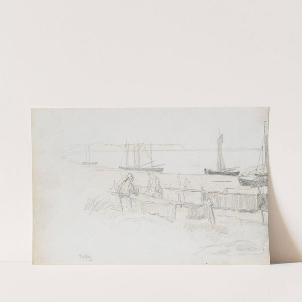 Garntørking og båter på stranden, Rügen (1881) by Hans Gude