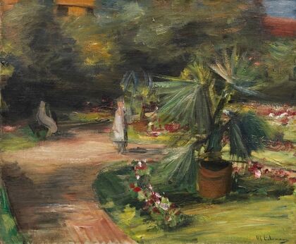 Garten mit Palme und zwei weiblichen Figuren