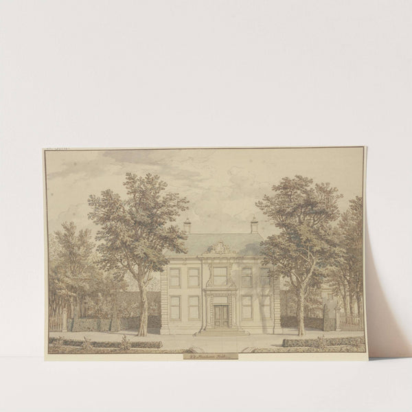 Gartenanlage mit Taxushecke und einem Haus zwischen zwei Bäumen by Isaac de Moucheron
