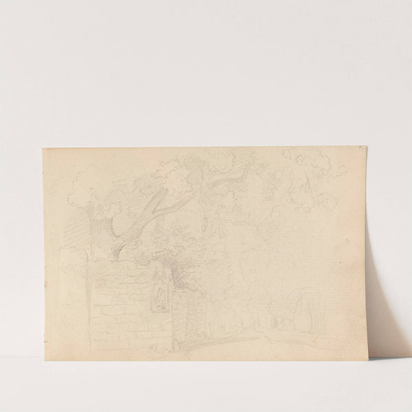 Gate med trær og hagemur (1857) by Hans Gude