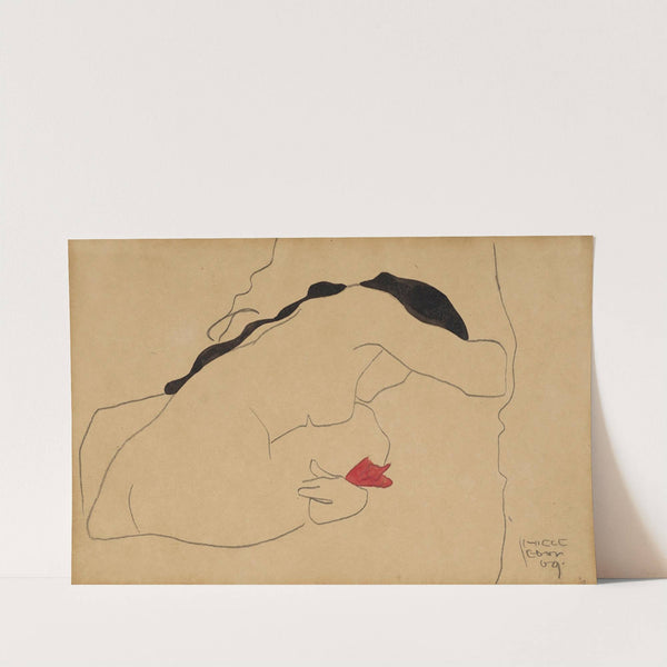 Gebeugt sitzender weiblicher Rückenakt mit schwarzem Haar (1909) by Egon Schiele