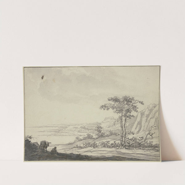 Gebirgslandschaft am Meer, links ein sitzender Mann bei einem Esel by Aelbert Cuyp