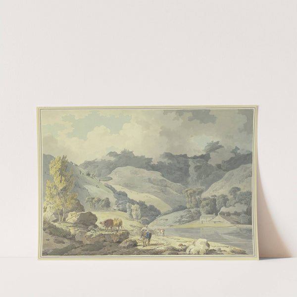 Gebirgslandschaft, auf dem Weg ein Mädchen zu Pferde, links zwei Kühe (1784) by Francis Wheatley