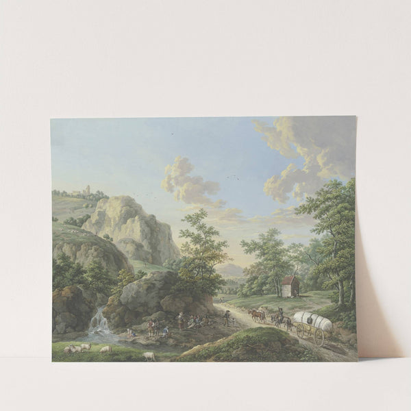 Gebirgslandschaft, ein Packwagen fährt auf der Landstraße rechts by Karl Franz Kraul