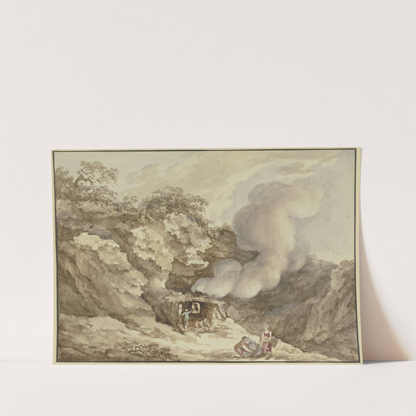 Gebirgslandschaft, in der Mitte ein Brennofen, von dem eine Rauchwolke aufsteigt by Carl Kuntz