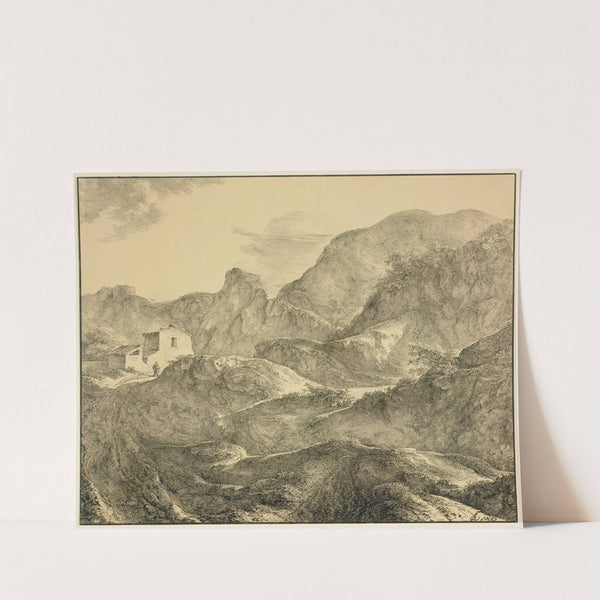 Gebirgslandschaft, links ein Haus mit einem Wanderer davor by Carl Friedrich von Rumohr