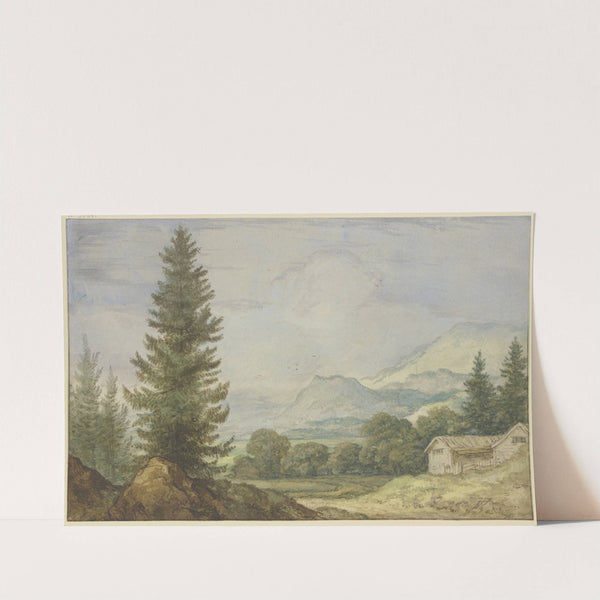 Gebirgslandschaft, links hohe Tannen, rechts zwei Hütten by Allaert van Everdingen