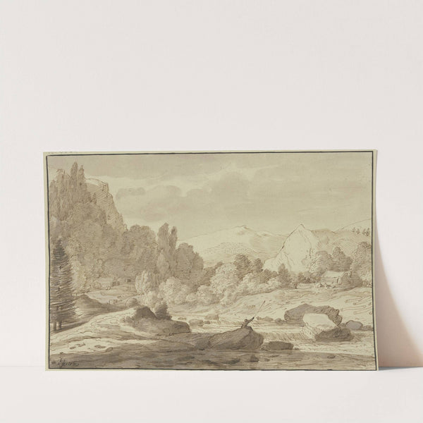 Gebirgslandschaft mit einem Waldbach, an welchem ein Angler sitzt by Jacob Esselens