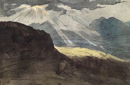 Gebirgslandschaft mit grellem Sonnenlicht