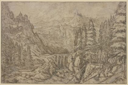 Gebirgslandschaft mit hoher Steinbrücke
