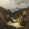 Gebirgslandschaft mit Jägersmann am tosenden Fluss