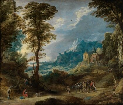 Gebirgslandschaft mit Pilgern und fahrendem Volk