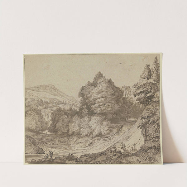 Gebirgslandschaft mit Wald, links am Weg ein sitzender und ein stehender Mann by Jacob Esselens