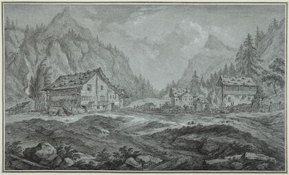 Gebirgstal mit Bauernhäusern (Amsteg im Kanton Uri)