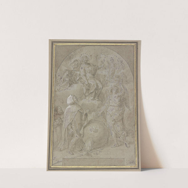 Geharnischter Mönch kniet vor einer Weltkugel, ein Engel deutet auf Maria, diese nach Christus by Cristoforo Roncalli