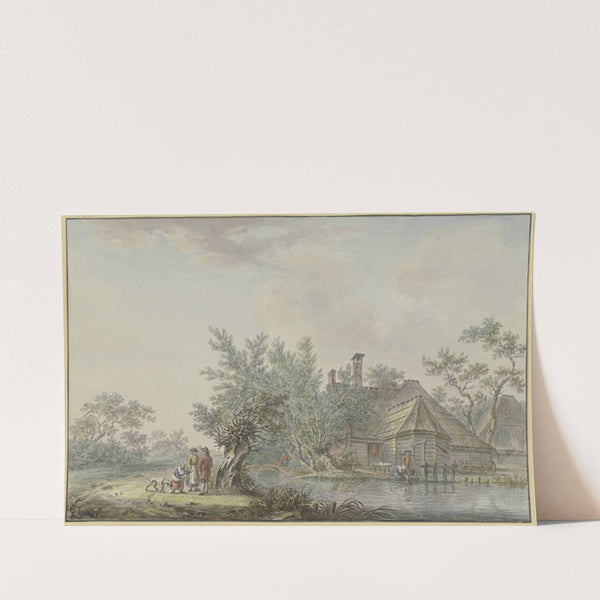 Gehöft an einem Wasser, links an einer Weide ein Bauernpaar mit einem Kind und einem Hund by Johann Jakob Koller