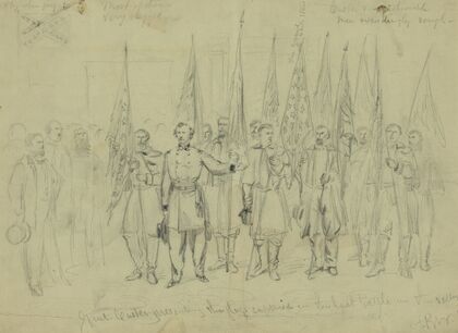 Genl. Custer presenting the flags captured in the last battle in the valley
