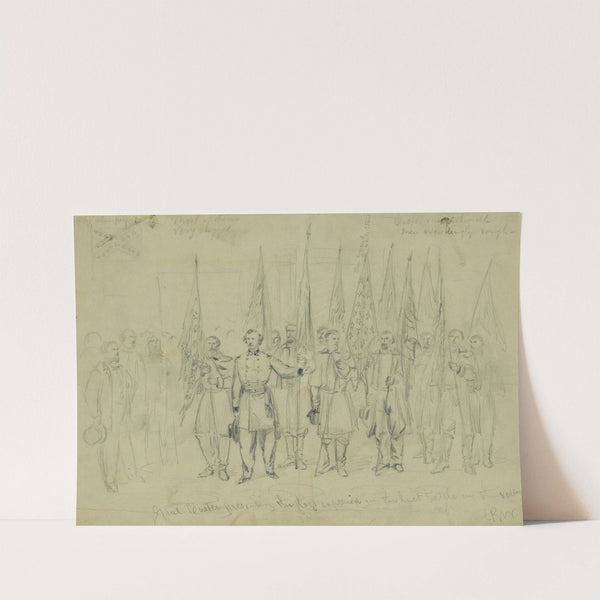 Genl. Custer presenting the flags captured in the last battle in the valley by Alfred Rudolph Waud