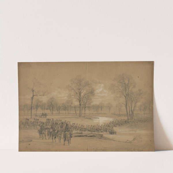 Genl. McClellan and Staff accompanied by the 5th Cavalry crossing Bull Run at Blackburns Ford by Alfred Rudolph Waud