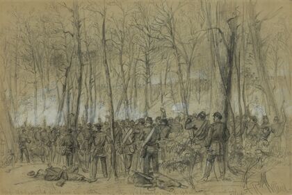 Genl. Wadsworths division in action in the Wilderness, near the spot where the General was killed