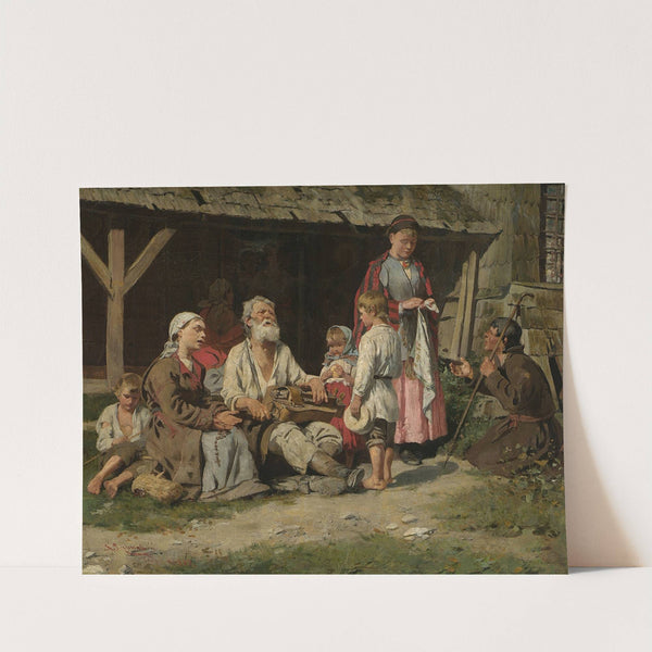 Genre scene – a hurdy-gurdy player in front of a cottage by Kazimierz Pochwalski