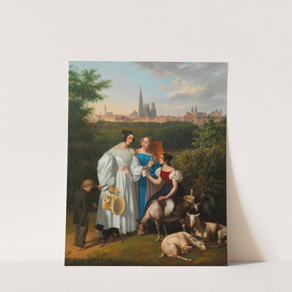 Genreszene auf dem Glacis mit Spaziergängerin, Ziegenhirtin und Lottolosverkäufer mit Wien im Hintergrund (1836) by Josef Ziegler