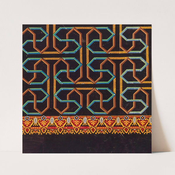 Geometric maze-like patterns in brown, blue, green, and yellow on black ground (late 19th century)