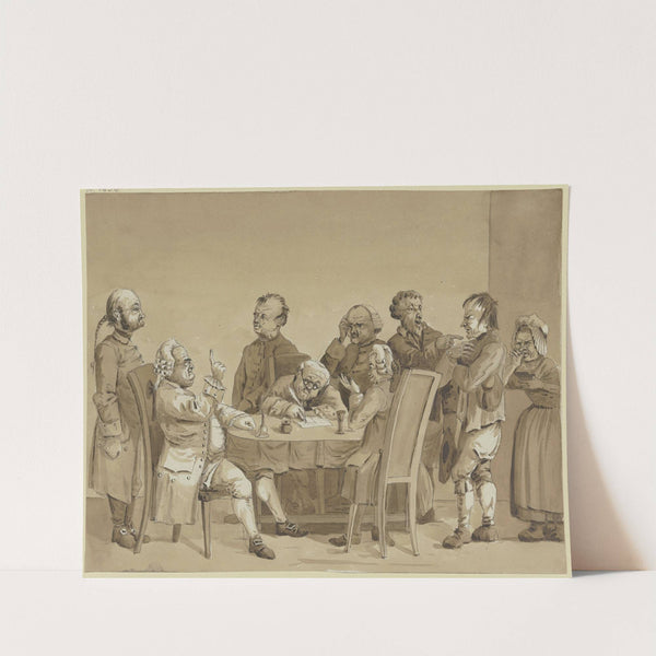 Gerichtsszene; Zwei Richter und ein Schreiber an einem Tisch, umgeben von sechs stehenden Personen, den Streitenden und einem Gerichtsdiener by Friedrich Rottmann
