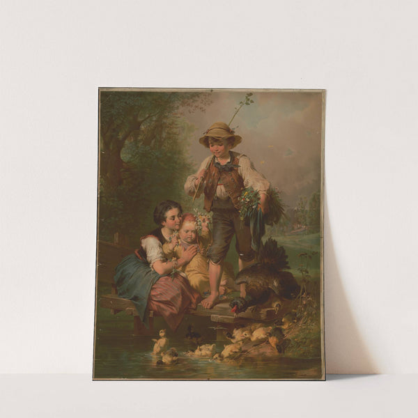 German boy and girls with flowers watching ducklings (1871) by Edmund Foerster & Co.