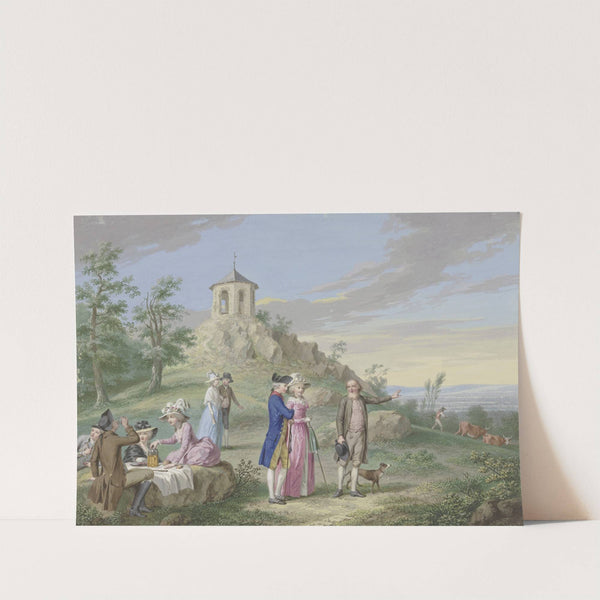 Gesellschaft von Damen und Herren im Freien lagernd, am Fuße eines Hügels mit einem Tempelchen, ein Führer zeigt einem jungen Paar die Landschaft by Johann Friedrich August Tischbein