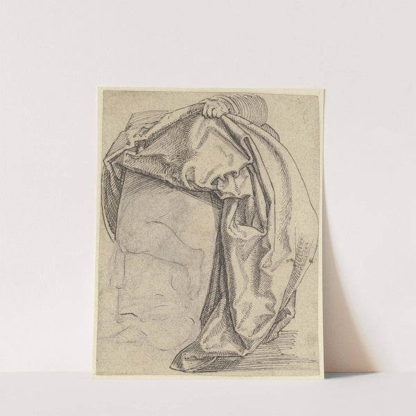 Gewand, über einen Kasten fallend und von einer Hand gerafft, auf dem Kasten ein gebeugtes rechtes Bein by Hans Brosamer