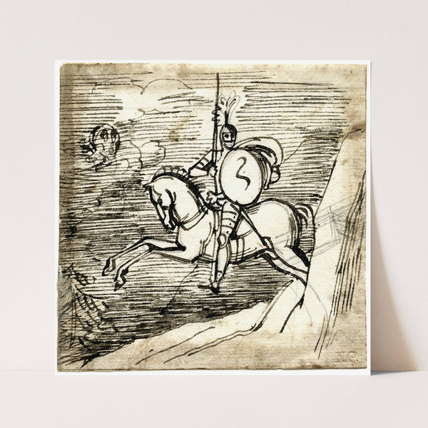 Gewapende ridder te paard: spookachtig hoofd in een wolk by David Humbert de Superville