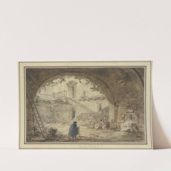 Gewölbe mit antikem Brunnen und Aussicht auf eine Treppe (1780) by Hubert Robert