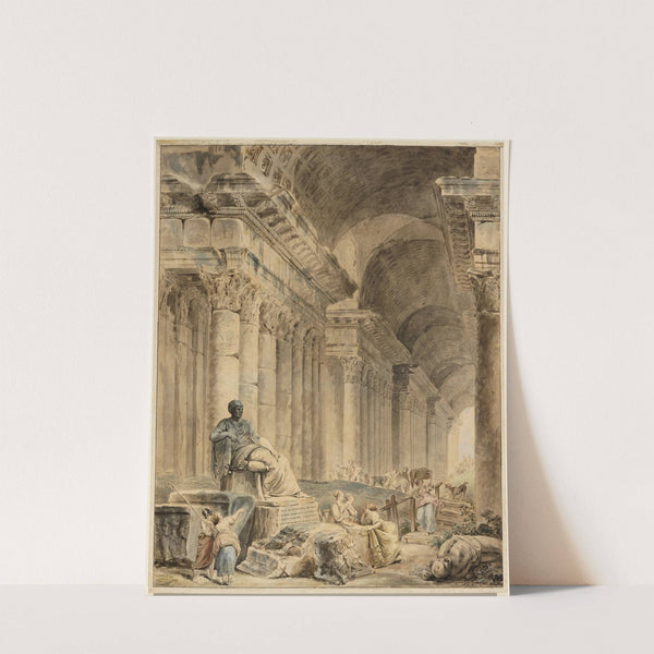 Gewölbte Säulengalerie mit antikischer Sitzstatue (ca 1773) by Hubert Robert