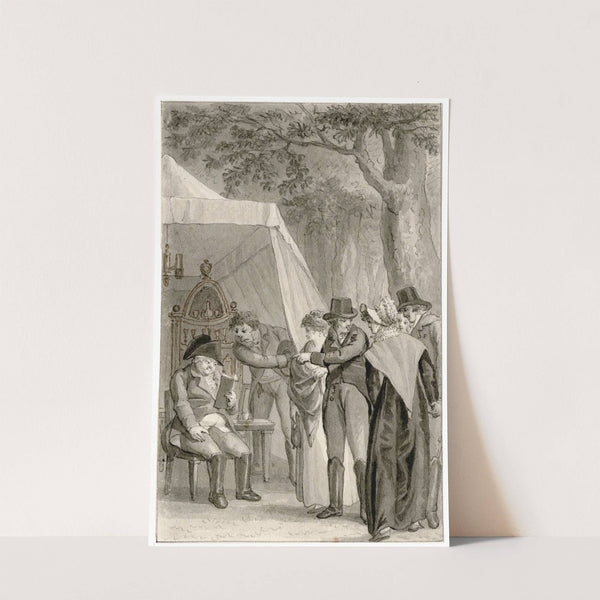 Gezelschap bekijkt oude heer bij tent: 'Hij vond...' by Reinier Vinkeles