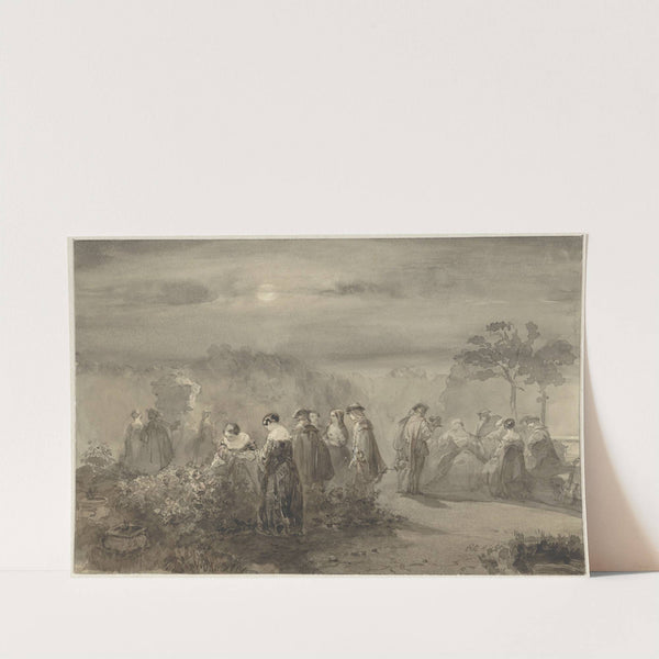 Gezelschap van dames en heren in een door de maan beschenen hof met rozenstruiken by Charles Rochussen