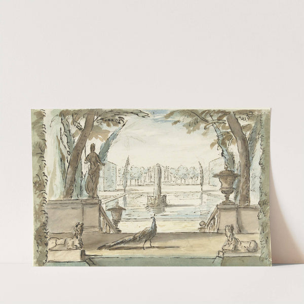 Gezicht in een tuin met een vijver, een fontein en een pauw (1677 - 1755) by Elias van Nijmegen