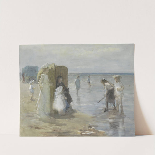 Gezicht langs de vloedlijn aan het Scheveningse strand, met twee dames en kinderen by Johan Antonie de Jonge