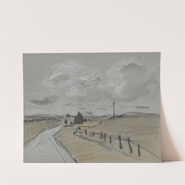 Gezicht langs een weg met hoge bermen en hekjes by Jan van Essen
