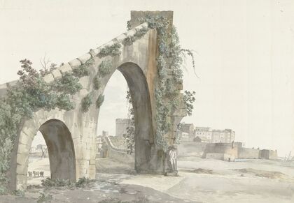 Gezicht op aquaduct en de stad Tarente