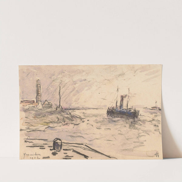 Gezicht op de kust van IJmuiden met vuurtoren en schip by Carel Nicolaas Storm van 's-Gravesande