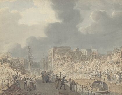 Gezicht op de ruïnes op het Rapenburg te Leiden na de ontploffing van het kruitschip op 12 januari 1807
