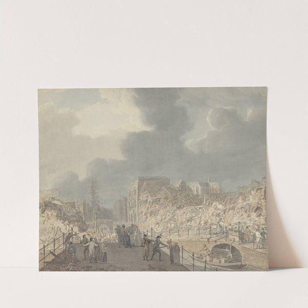 Gezicht op de ruïnes op het Rapenburg te Leiden na de ontploffing van het kruitschip op 12 januari 1807 by Jan Willem Pieneman