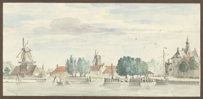 Gezicht op Dordrecht met de Rietdijkspoort en windmolens