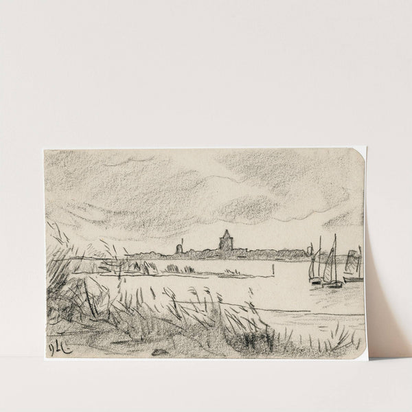 Gezicht op dorp aan een meer by Adolf le Comte