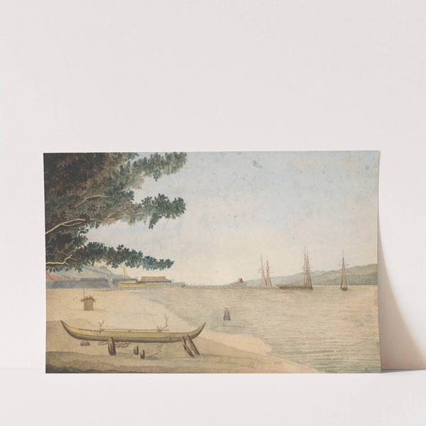 Gezicht op een Nederlandse nederzetting met fort en haven in Indonesië by J. G. van der Does