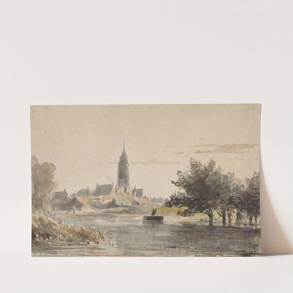 Gezicht op een stadje, gezien van over een rivier (1828 - 1897) by Adrianus Eversen