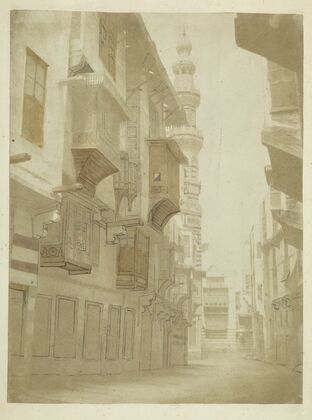 Gezicht op een straat met minaret in Cairo (1858 - 1860)