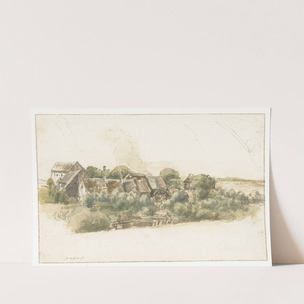 Gezicht op enkele huizen en een watermolen tussen bomen by Gillis Neyts