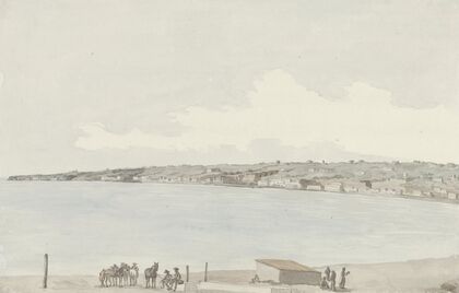 Gezicht op het voorgebergte Pausilype met oude paleis van koningin Jeanne en platteland van Sannazar vanaf het balkon van de herberg
